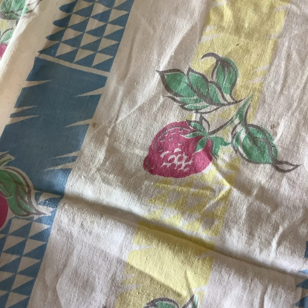Vintage Strawberry Blue White Butter Yellow Small Tablecloth Table Linens